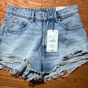 Zara Blue Jean Shorts Distressed High-Waisted